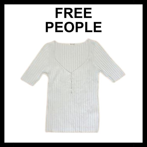 NWOT FREE PEOPLE Diamond neckline half sleeve ribbed knit top - Picture 2 of 11